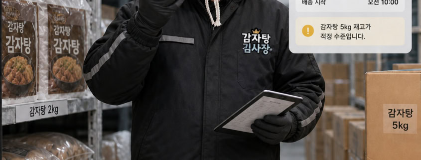 냉동창고에서 스마트폰으로 감자탕 재고와 출고 현황을 확인하는 감자탕 김사장