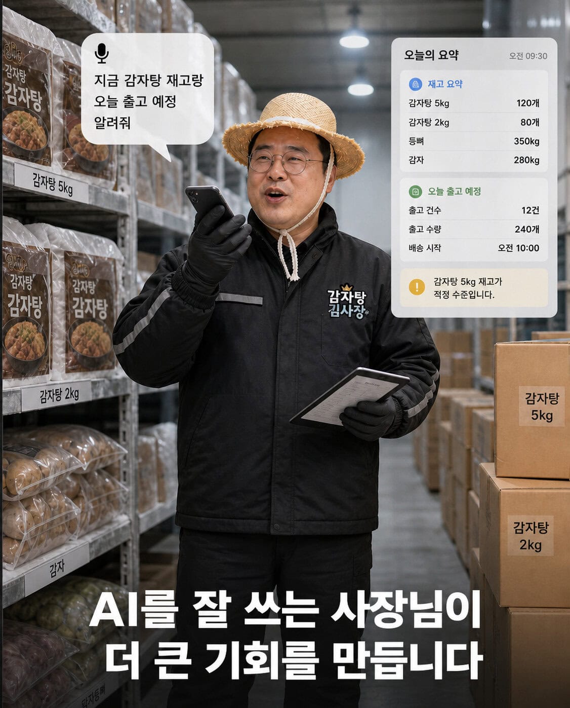 냉동창고에서 스마트폰으로 감자탕 재고와 출고 현황을 확인하는 감자탕 김사장