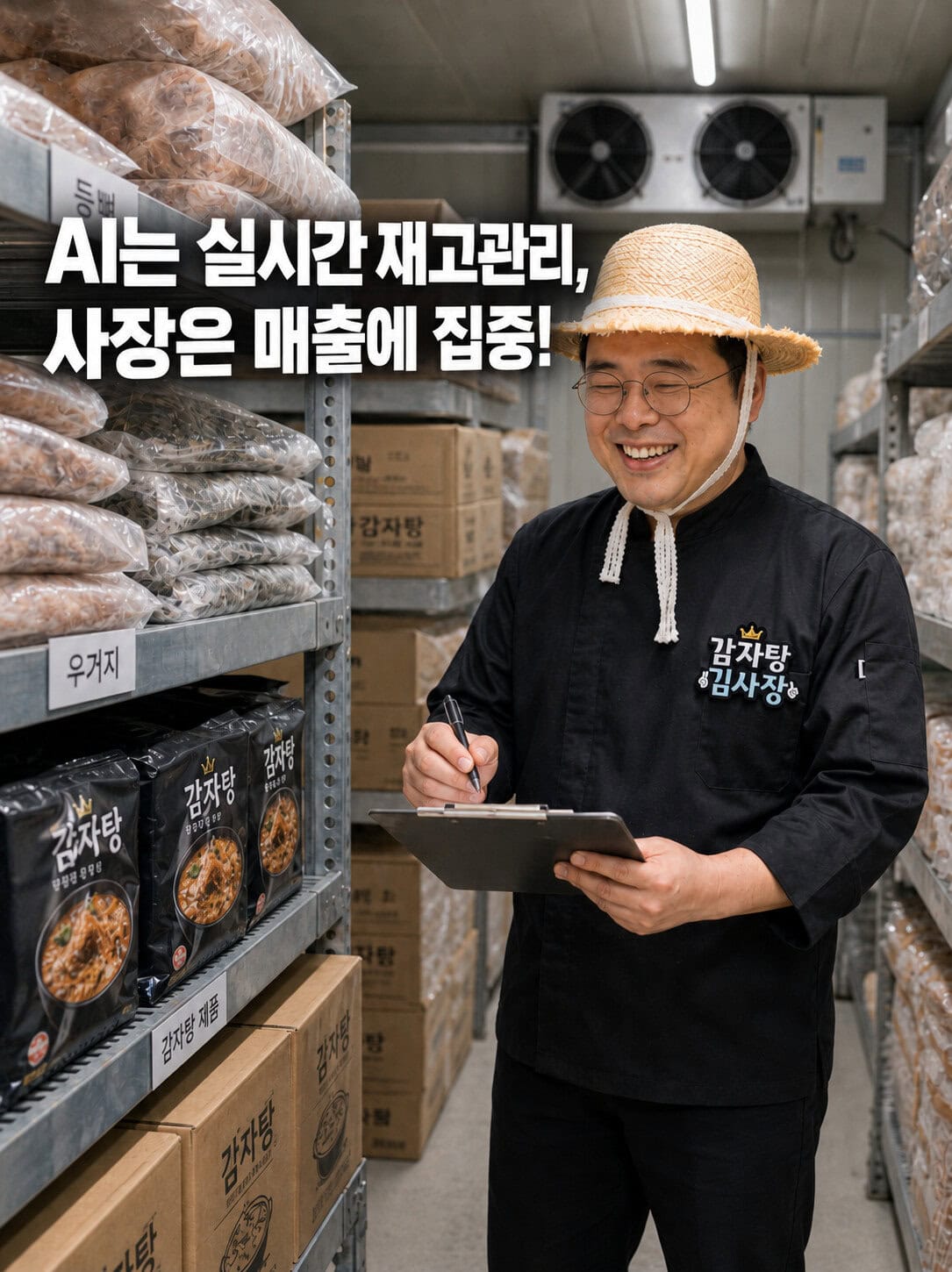 냉동창고에서 감자탕 재고를 확인하는 감자탕 김사장과 AI 실시간 재고관리