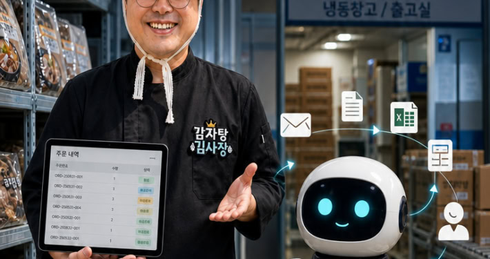감자탕 김사장과 감자탕OS의 AI 직원이 냉동창고에서 주문과 출고 업무를 함께 확인하는 모습