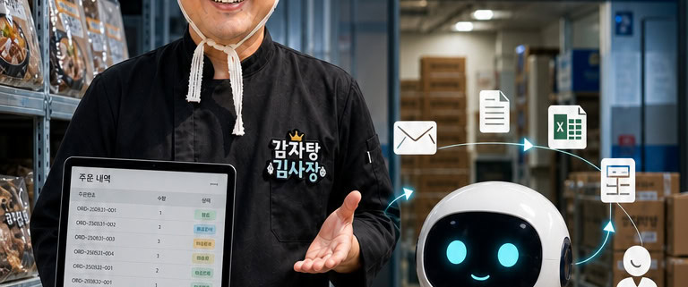 감자탕 김사장과 감자탕OS의 AI 직원이 냉동창고에서 주문과 출고 업무를 함께 확인하는 모습