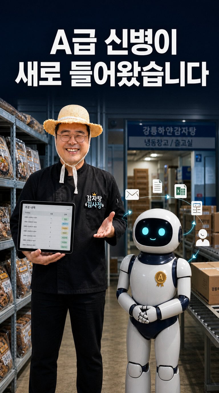 감자탕 김사장과 감자탕OS의 AI 직원이 냉동창고에서 주문과 출고 업무를 함께 확인하는 모습