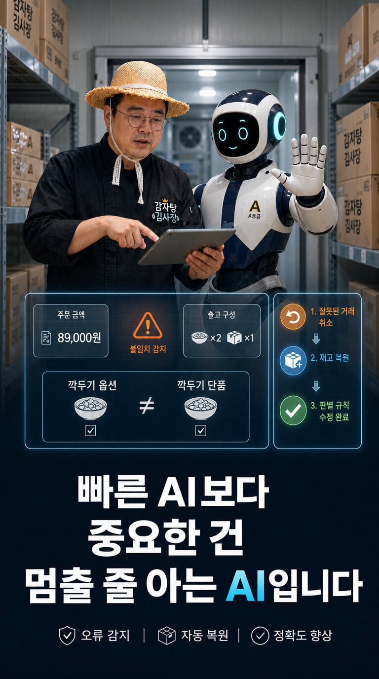 감자탕 김사장과 AI 직원이 주문 오류를 감지하고 거래 취소, 재고 복원, 판별 규칙 수정을 확인하는 모습