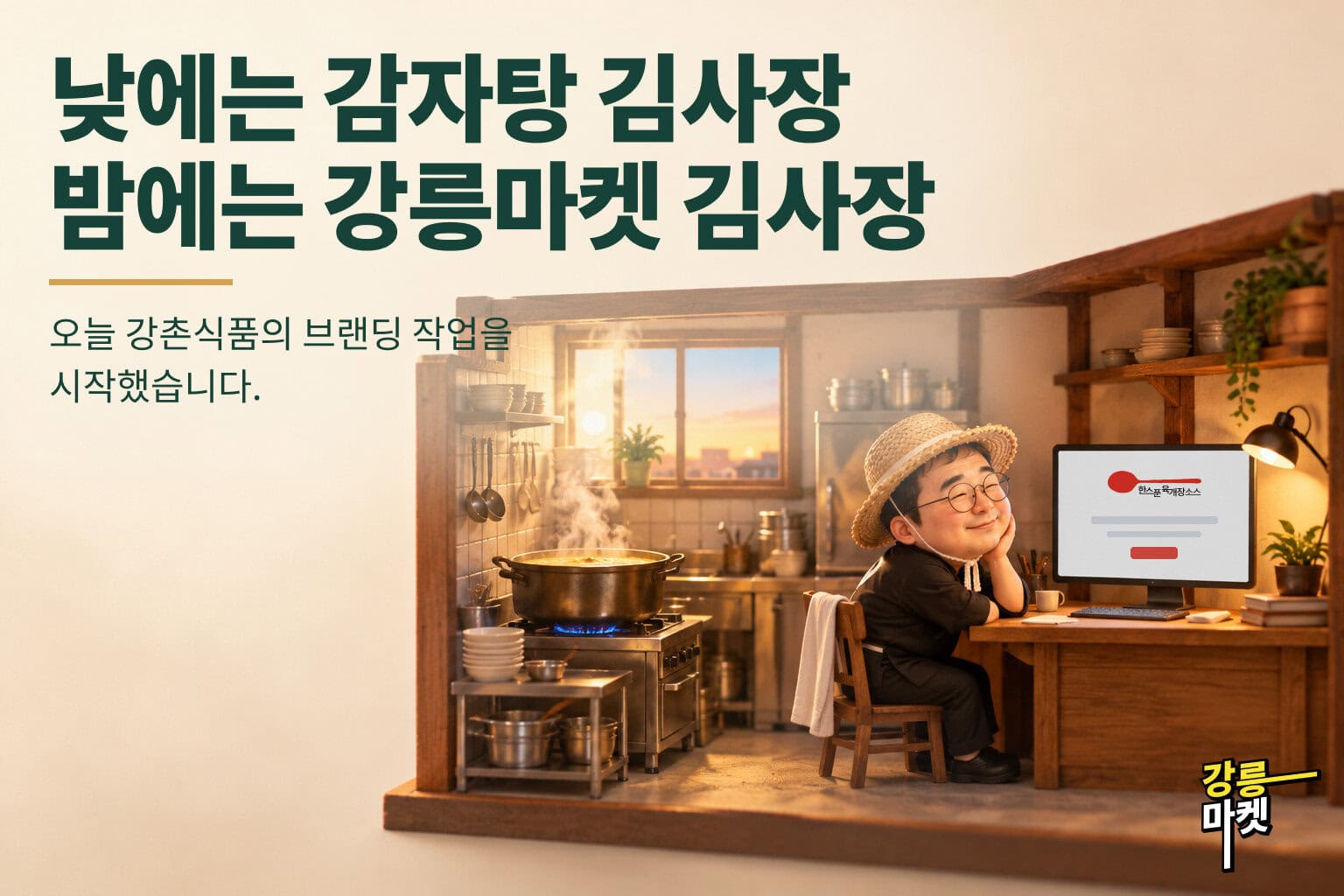 낮에는 감자탕 김사장, 밤에는 강릉마켓 김사장. 오늘 강촌식품의 브랜딩 작업을 시작했습니다.