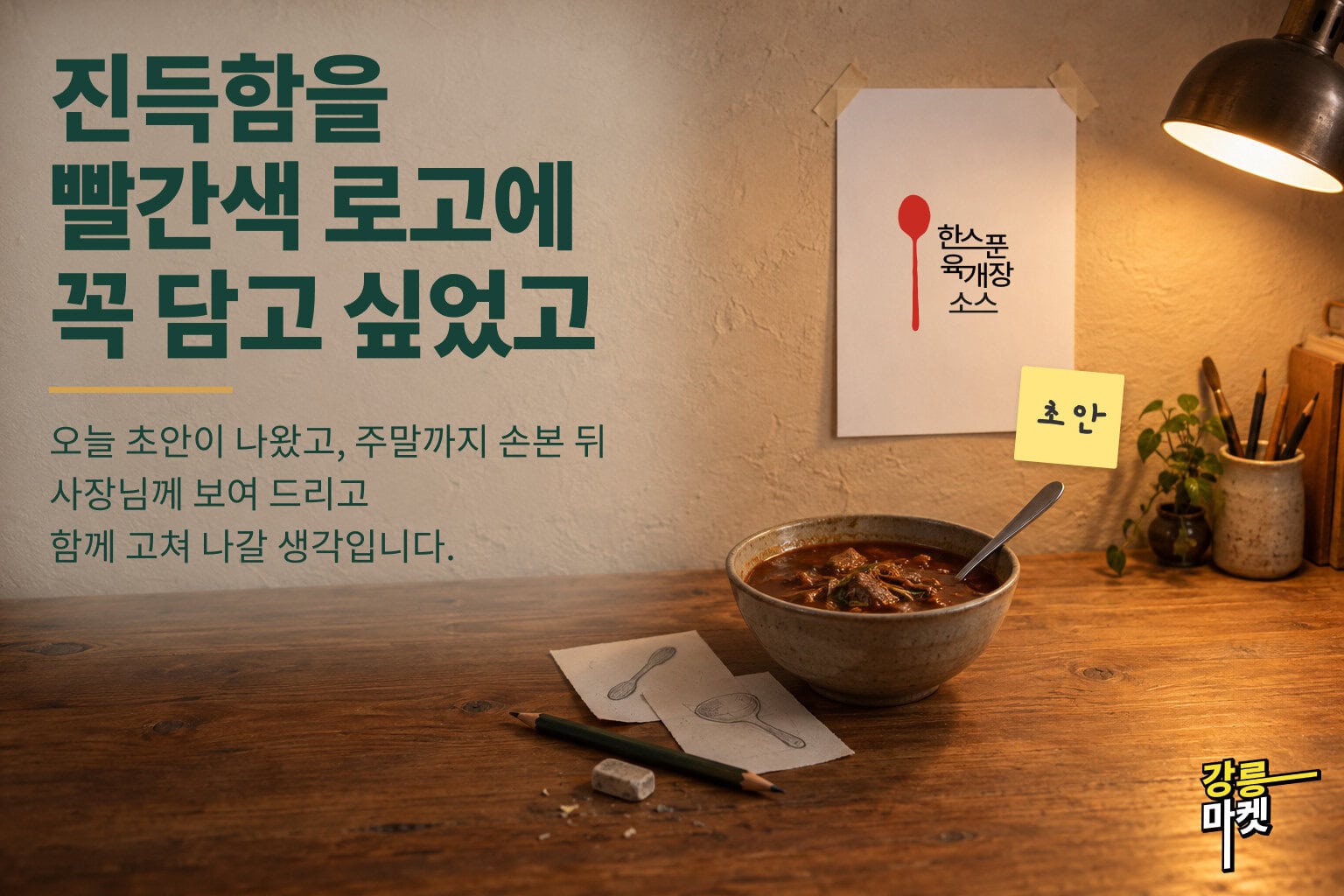 진득함을 빨간색 로고에 꼭 담고 싶었고. 한스푼 육개장 소스 로고 초안.