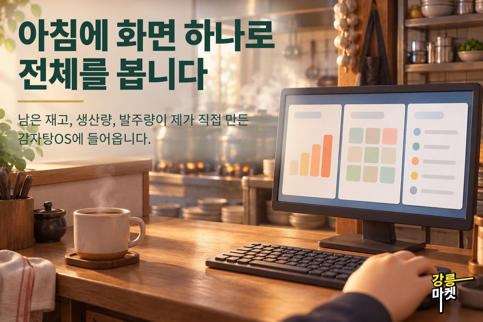 아침에 화면 하나로 전체를 봅니다. 남은 재고, 생산량, 발주량이 감자탕OS에 들어옵니다.